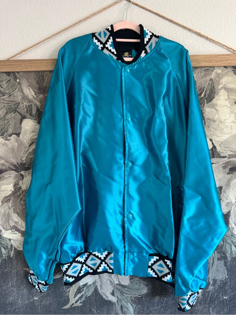 Men's vintage 80s 90s Teal Satin Windbreaker with Geometric Trim